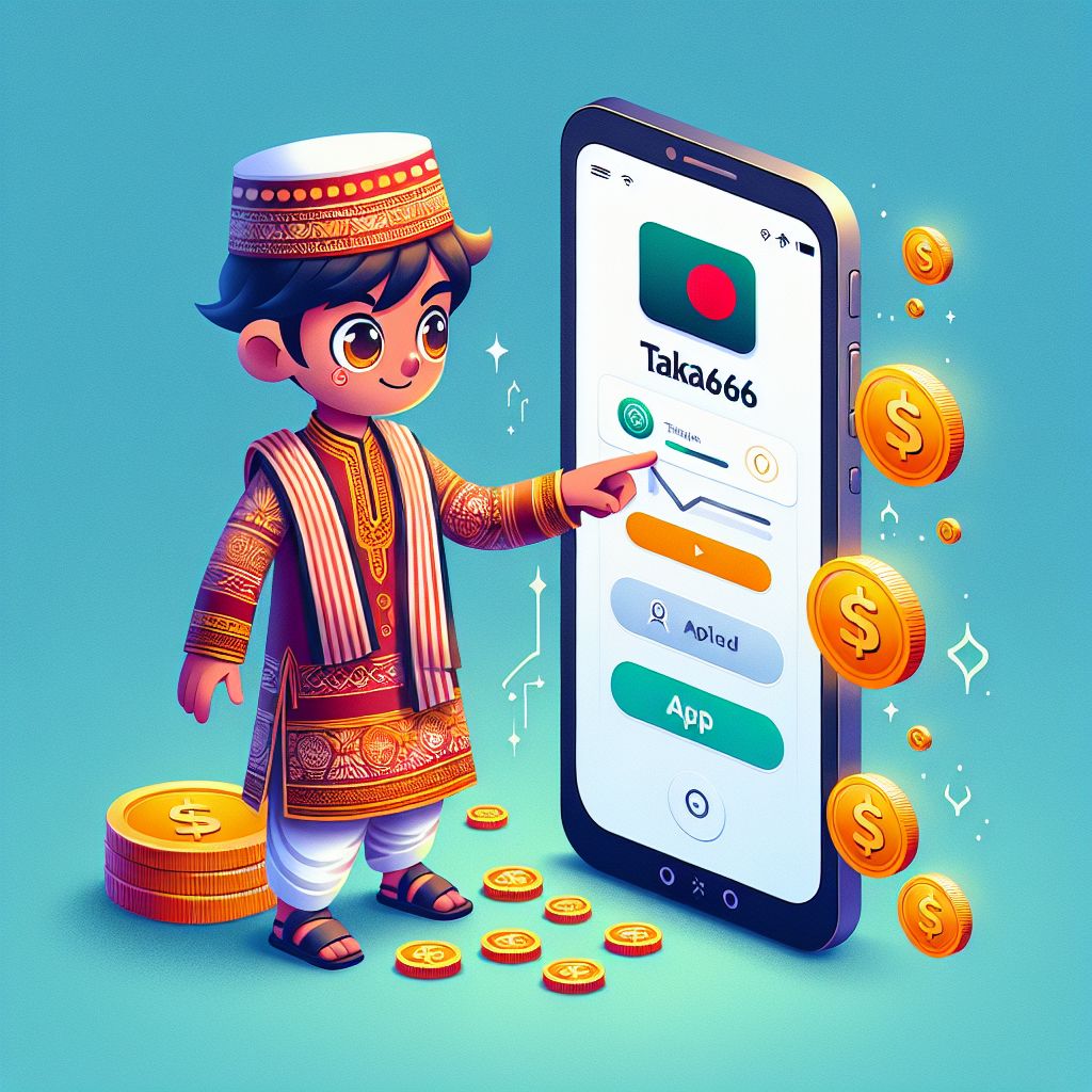 Cartoon character holding a smartphone with Taka666 app icons, coins, and a Bangladesh city backdrop