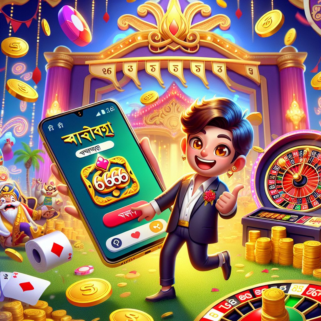 Taka666 casino themed cartoon character with coins, cards, and roulette elements